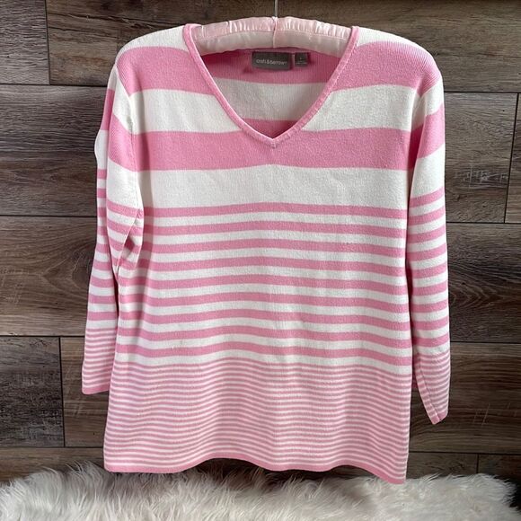 Croft and Barrow Preppy 3/4 Sleeve Sweater Pink and White Striped, Size Large - Picture 2 of 7